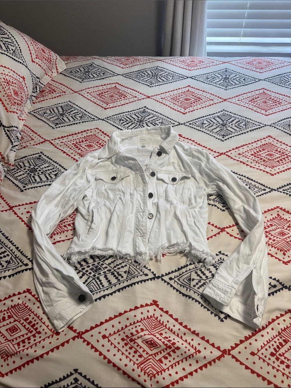 Cropped White Denim Jacket with Frayed Hem - Women's